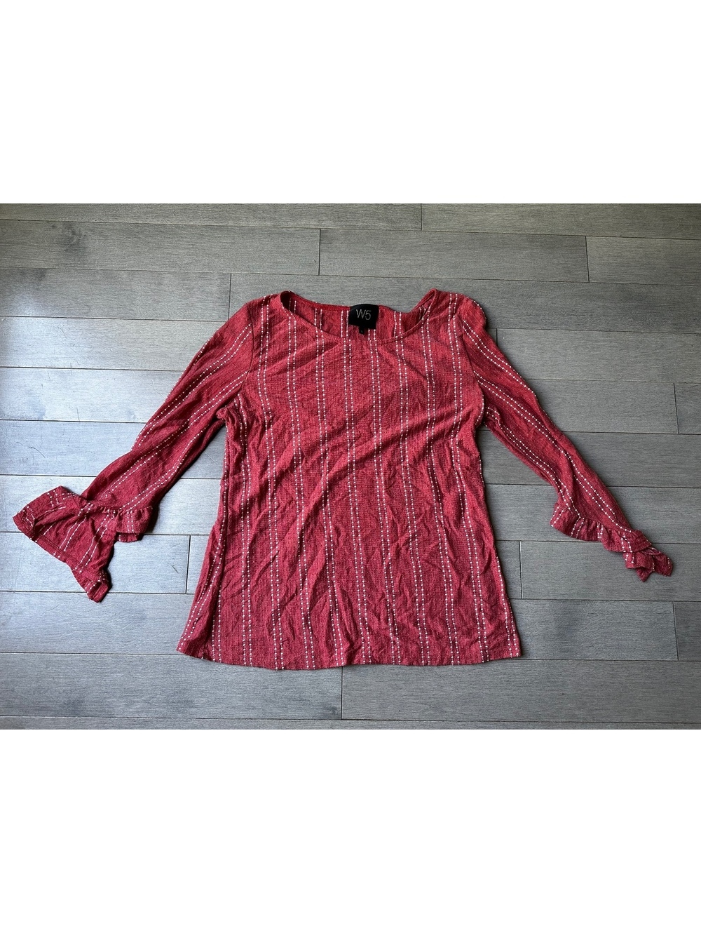 W5 Women's Long Sleeve Red Striped Blouse Puff Sleeve Office Size S